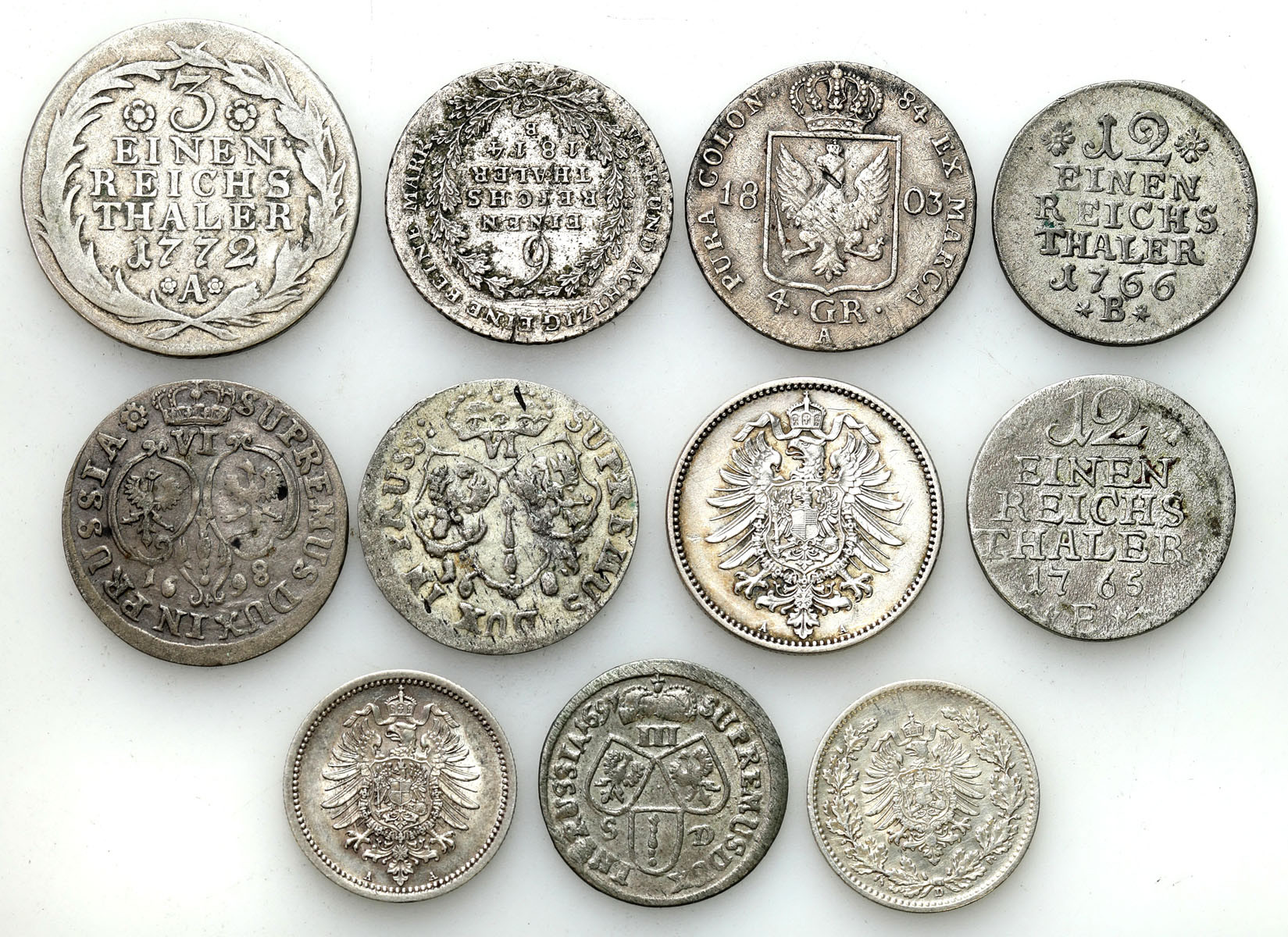 Niemcy. 50 fenigów, 1 marka, 4 i 6 groszy, 1/12 do 1/3 talara 1683-1875, zestaw 11 monet